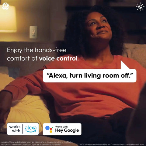 Woman using Cync Paddle Style Smart Light Switch With Neutral Wire Required Bluetooth And 2.4 GHz Wi Fi Connectivity Works With Alexa And Google Home for voice control at home.