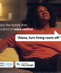Smiling woman using 4 Wire Button Style Smart Switch With Bluetooth And Wi Fi, Neutral Wire Required, Control Lights From The Switch Or App With Scheduling And Scenes, Alexa And Google Home Compatible Without Hub, 1 Pack, Packaging May Vary with Alexa voice control