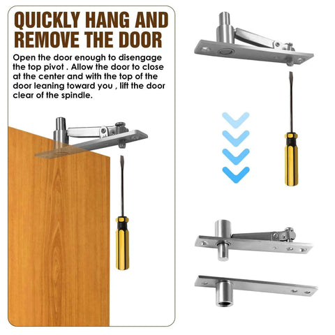 Illustrated guide for installing Beefy Pivot Hinge Kit With 200 Lb Capacity For Secret Bookcase Doors, showing metal hardware and screwdriver use.