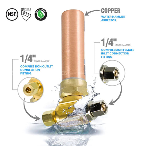 Copper 1/4 Inch Compression Tee Hammer Arrestor For Water Hammer Prevention, 1/4 In OD To 1/4 In OD, Easy Install diagram