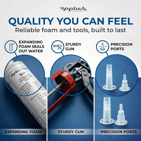 Ditch That Drip Forever With This Complete Polyurethane Leak Repair Foam Kit For Pipe Penetrations And Foundation Cracks Up To One Inch, Smooth Sailing DIY Setup Included showing expanding foam, sturdy gun, and precision ports.