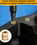 Close-up of 1/4-20 Brass Heat-Set Threaded Inserts for 3D Printing in plastic, showing insertion process without tools needed.