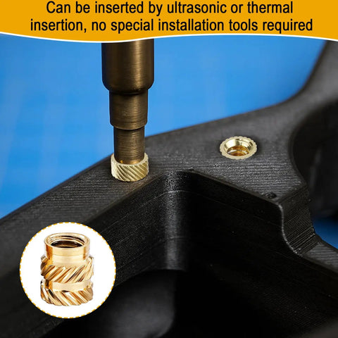 Close-up of 1/4-20 Brass Heat-Set Threaded Inserts for 3D Printing in plastic, showing insertion process without tools needed.