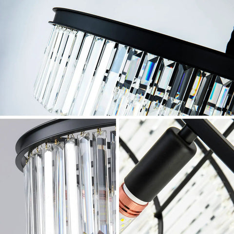 Close-up of Black Modern Crystal Chandelier Dope Two Tier Round Flush Mount Pendant Light with clear crystal drops.