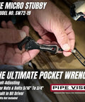 Compact Self Adjusting Pipe Vise With Sweet Ratchet Action And Nifty Contoured Grip For Tight Spots shown in hands, showcasing alloy steel build.
