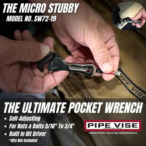 Compact Self Adjusting Pipe Vise With Sweet Ratchet Action And Nifty Contoured Grip For Tight Spots shown in hands, showcasing alloy steel build.