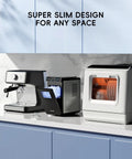 Kitchen counter with ultra slim countertop ice maker with full color panel, located between a coffee machine and toaster oven.