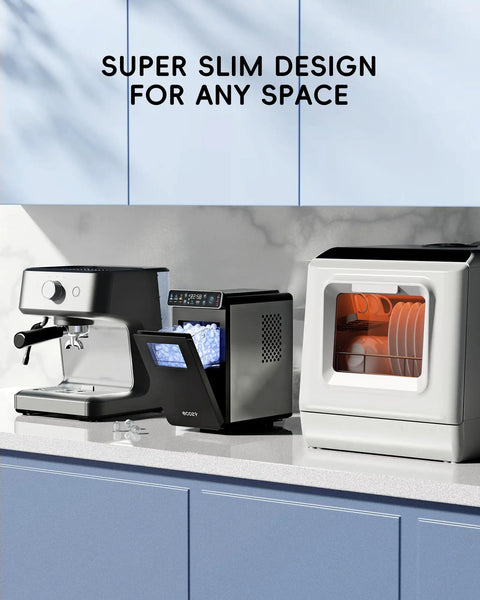 Kitchen counter with ultra slim countertop ice maker with full color panel, located between a coffee machine and toaster oven.