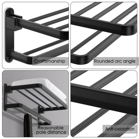 Matte Black 20 Inch Towel Rack With Shelf And Dual Towel Bars Dope Space Saving Bathroom Organizer With Foldable 90 Degree Design