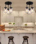 Dope 3-Light Glass Mason Jar Pendant Lights For Kitchen Island Farmhouse Style Close-To-Ceiling Mount over white island
