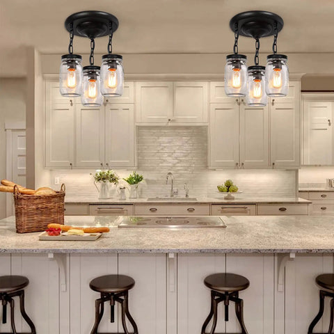 Dope 3-Light Glass Mason Jar Pendant Lights For Kitchen Island Farmhouse Style Close-To-Ceiling Mount over white island