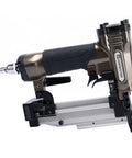 Strong Armed Pneumatic 23 Gauge Pin Nailer Forged From Hardened Aluminum with a detailed view showcasing its rear air exhaust and trigger guard.