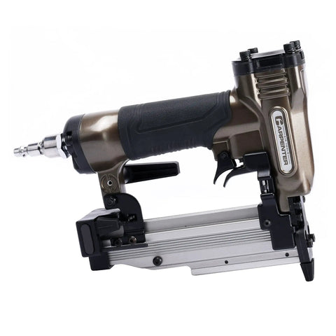 Strong Armed Pneumatic 23 Gauge Pin Nailer Forged From Hardened Aluminum with a detailed view showcasing its rear air exhaust and trigger guard.
