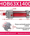 Hob63 Series Double Direction Tie Rod Hydraulic Cylinder, 63x1400 build, with detailed measurements and specifications in industrial setting.