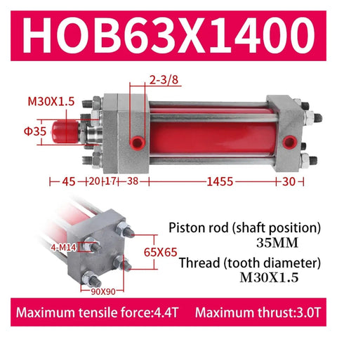 Hob63 Series Double Direction Tie Rod Hydraulic Cylinder, 63x1400 build, with detailed measurements and specifications in industrial setting.