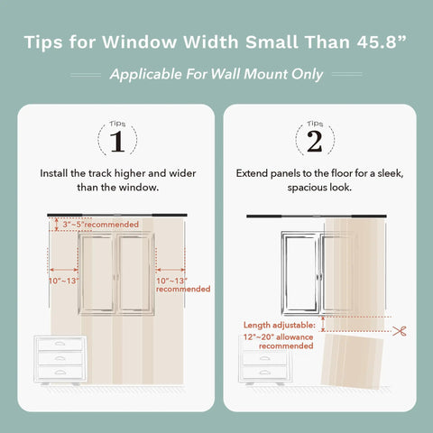 Diagram showing installation tips for Adjustable Sliding Panel Track Door Blinds For Sliding Glass Doors, wall mount only.