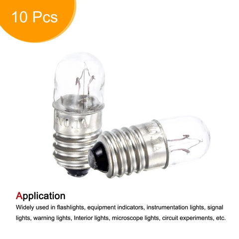 E10 Screw Base Miniature Bulbs For DC 12V Projects Packing Ten Warm Yellow Glow, showing two bulbs with glass and metal construction.