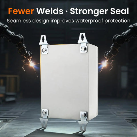 Rock Solid Lockable Metal Electrical Junction Box With IP65 Weatherproof Cover For Indoor Outdoor Projects Tough Cold Rolled Steel Housing visible during manufacturing process.