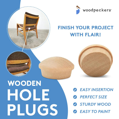 Three Eighth Inch Maple Wood Hole Plugs, Pack Of 100, showcasing button top design for concealing screw holes with a decorative mushroom top.