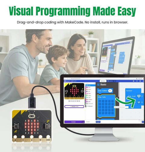 Microbit V2 Go Kit For Beginners With Built In LEDs And Sensors, Includes USB Cable And Battery Holder, Bluetooth Wireless, Compass, Radio, Temperature And Light Sensor For Dope Coding Projects. micro:bit board with USB cable on desktop