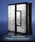Heavy Lifting Shower Door Hinge With A Zero Friction 180 Degree Sweep Designed From Bulletproof 304 Steel with water droplets.