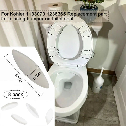 8 Piece Toilet Seat Bumper Replacement Kit For Kohler Lids Quiet Close Rubber Bumpers Grip Tight Fit shown on toilet