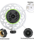 Diagram of the 8 Pattern Turret Sprinkler With Metal Base No Fuss Stationary Sprinkler showing metal base, nozzle heads, and connector