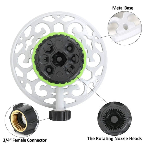 Diagram of the 8 Pattern Turret Sprinkler With Metal Base No Fuss Stationary Sprinkler showing metal base, nozzle heads, and connector
