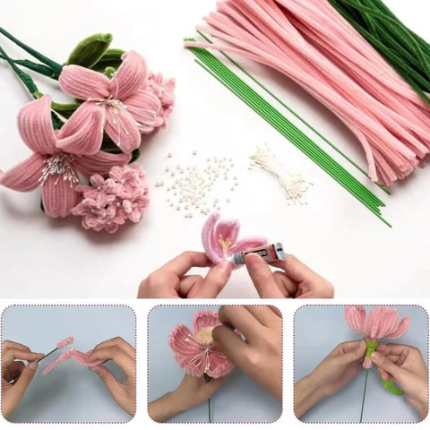 Bulk 500 Pcs Pipe Cleaners Craft Kit With 6 Color Chenille Stems For DIY Flowers Pink Pack Includes Floral Stems Stamens Glue Sticks Ribbon Tape And Floral Paper Gift For Kids Art Projects And Fun, pink flower craft set with glue