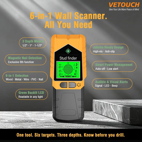 Zero Guesswork Required On This Built Tough 6 In 1 Wall Scanner Plus Stud Detector Featuring Easy LCD Screens And Audible Alerts For Finding Wood Metal Ac Wires And Pipes Inside Ceilings Or Walls Orange