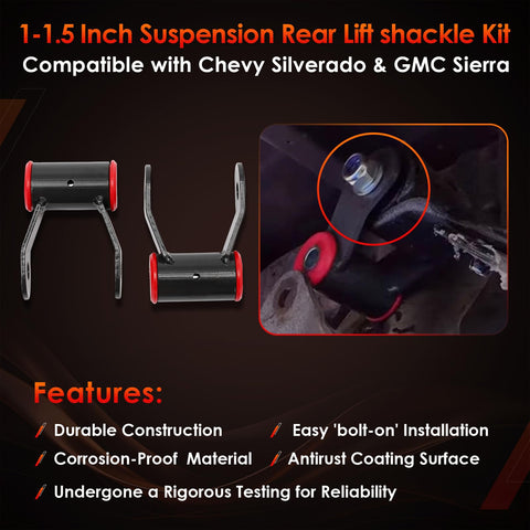 Rear Lift Shackle Kit For 1 To 1.5 Inch Lift Chevy Silverado And GMC Sierra 1500 Trucks 1988 To 2018 2WD 4WD display