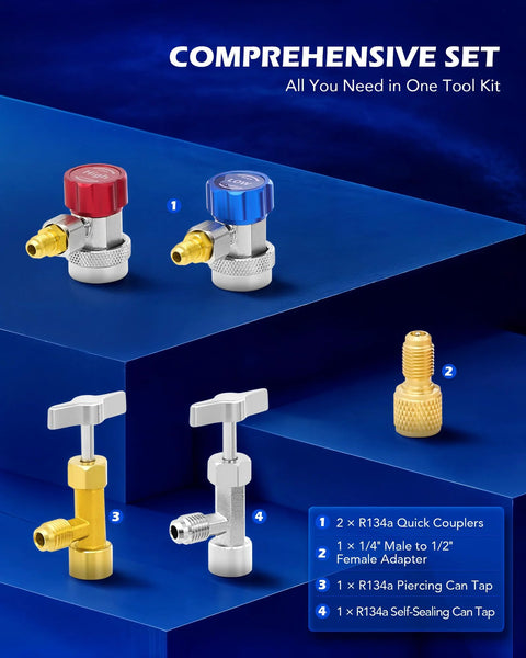 Orion Motor Tech AC gauge set with red and blue quick couplers, brass adapters, piercing and self-sealing can taps