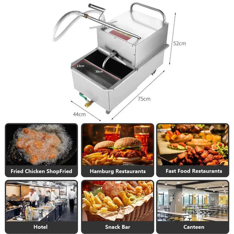 Heavy Duty 65 Liter Commercial Fryer Oil Filter Cart Powered By 550 Watt Motor Plug And Play Quick Drain Pump showing dimensions and features.
