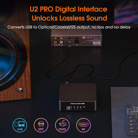USB to Optical DAC Converter With XMOS XU316 Interface, DDC Reclocker, Optical Coaxial and HDMI I2S Outputs for Pristine Lossless Digital Audio From PC Mac Phone Raspberry Pi to DAC, Perfect for PS5 and Switch, U2PRO black desktop audio converter with USB, OPT, COAX, I2S icons