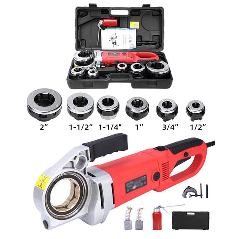 Built Rock Solid 2300W Electric Pipe Threader Kit With Six Pro Grade Dies For Fast Galvanized And Iron Pipe Threading 1/2 To 2 Inch with handle and dies in case.