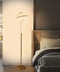 Modern Brass Spiral Floor Lamp With Remote Control, 63 Inch Tall LED 28W, displayed in a bedroom setting