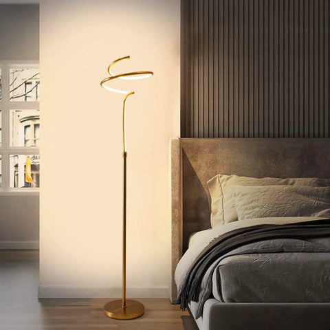 Modern Brass Spiral Floor Lamp With Remote Control, 63 Inch Tall LED 28W, displayed in a bedroom setting