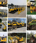 Collage of Compact Hydraulic Mini Excavator For Farm Work And Landscaping Small Crawler Digger For Trenching Road Repair Construction Sites Digging Household Earthmoving And Compatible Attachments For Any Job in various outdoor settings.