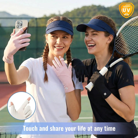 Two women posing with Full Finger UV Protection Driving Gloves For Women, Breathable Touchscreen UPF 50 Sun Blocking Gloves