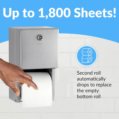 Surface Mounted Multi Roll Toilet Paper Dispenser In Satin Stainless Steel For Public Restrooms Built To Last Durable 304 Stainless Easy Auto Roll Replacement Commercial Bathroom Accessory Model B2888 with hand using dispenser.