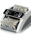 Value Count Money Counter For USD And EUR With UV MG IR Counterfeit Detection, LED display showing 365 USD, gray body