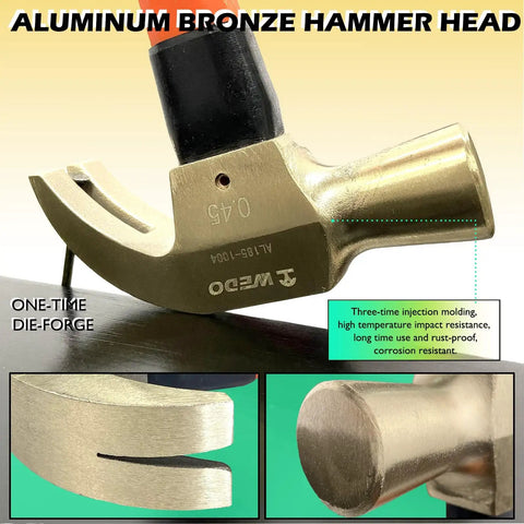 Close-up of aluminum bronze hammer head from 85 Piece Non Sparking Tool Set Featuring Tweezers Adjustable Wrench Hammer Putty Knife Pliers Screwdrivers Chisel Scissors Hacksaw Frame And Blade Beryllium Copper Non Magnetic Corrosion Resistant DIN Standard BAM Certified For Safe Use.