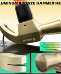 Close-up of aluminum bronze hammer head from Non Sparking 62 Piece Tool Set With Sledge Hammer Ball Pein Hammer Claw Hammer Wrenches Pliers Chisels And Screwdrivers For Safe Metal Work Pro Grade Heavy Duty Beryllium Copper Non Magnetic Corrosion Resistant DIN Standard BAM Certified