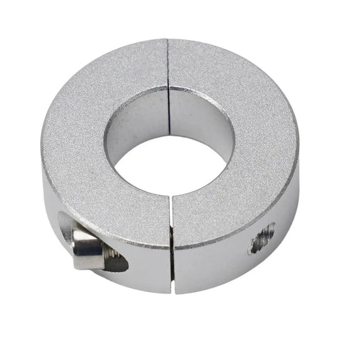 Heavy Duty Aluminum Double Split Shaft Collar Fixed Ring Clamp for Precision Positioning on Soft Shafts 15 Millimeters Size Great for Shop Floor Projects Keeps Setup Secure with Rock Solid Performance Built with Alloy to Get Work Done Fast and Secure. silver 15mm alloy shaft collar with split clamp and set screw