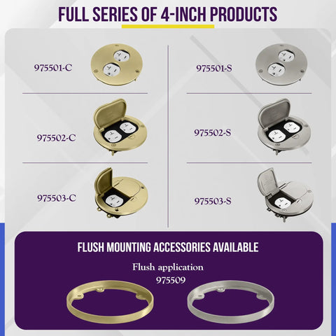 Full series of 4-inch brass and stainless steel floor box covers with 20A receptacles and flush mounting accessories.