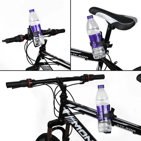 2 Pack Universal Bike Water Bottle Holders No Screws Easy Install Cup Cage With 360 Degree Rotatable Clip Fits 2.5 to 3.3 Inch Bottles Up To 27 Oz For Kids And Adults Bikes, installed on black bike handlebars and under seat