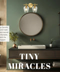 Gold Champagne Glass Vanity Lights Over Mirror, 2 Light Modern Wall Mount Fixture for bathroom, with round mirror above sink.
