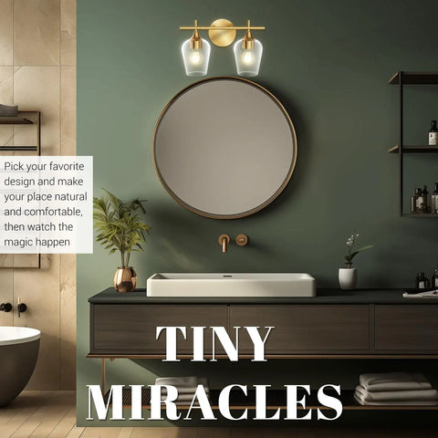 Gold Champagne Glass Vanity Lights Over Mirror, 2 Light Modern Wall Mount Fixture for bathroom, with round mirror above sink.
