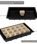Top and bottom view of All In One Seed Starter Kit With Peat Pots, with single and multiple paper seedling cups in black tray.