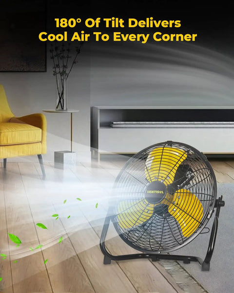 12 Inch Portable Floor Fan With 3 Speed Settings, Heavy Duty Metal Construction Delivers 1700 CFM High Velocity Breeze, shown in living room